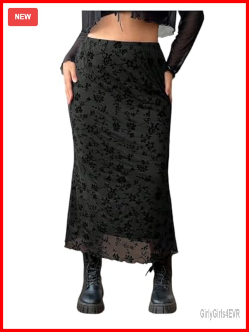 Plus Size Floral Mesh Fishtail Bodycon Long Skirt High Waist Flared Hem